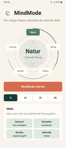 MindMode App Startbildschirm mit Moduswahl und Start-Button